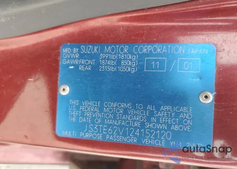 2002 Suzuki Grand Vitara Jls Limited из США, поврежденный, VIN JS3TE62V124152120